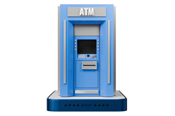 Poster - 3d ATM Machine with mobile smartphone icon isolated on blue background. Money transfer account online, E-business finance money payment service concept. Minimal 3d ATM money tranfer icon. 3d render.