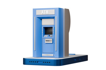 Wall Mural - 3d ATM Machine with mobile smartphone icon isolated on blue background. Money transfer account online, E-business finance money payment service concept. Minimal 3d ATM money tranfer icon. 3d render.