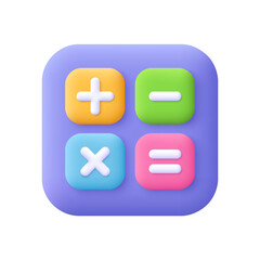 Poster - Calculator, math device. Addition, subtraction, multiplication. Financial analytics, arithmetic operations and calculations concept. 3d vector icon. Cartoon minimal style.