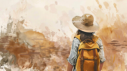 Wall Mural - Beautiful watercolor painting of Back view of Tourist woman with hat and backpack on vacation. Digital illustration generative AI.