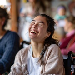 Disabled girl smiling and surrounded by people who uplift and encourage her