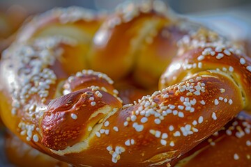 Sticker - Macro shot of fresh pretzels highlighting the shiny texture and white sesame seeds