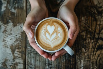 Poster - Overhead view of a person cradling a coffee cup with heartshaped latte art on wooden table