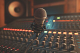 Fototapeta  - microphone on the stage, Step into the world of sound recording with this captivating visual featuring a microphone elegantly poised on digital recording equipment in a professional studio setting