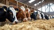 © AlfaSmart - Row of dairy cows lined up in their stables, munching on feed as they contribute to the sustainable production of milk on the farm