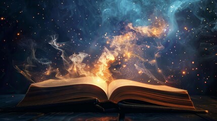 Wall Mural - A book is open to a page with a starry sky background