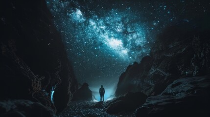 Wall Mural - A man stands in a dark cave with a starry sky above him