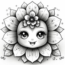 A Black And White Drawing Of A Sunflower With A Flower In The Center