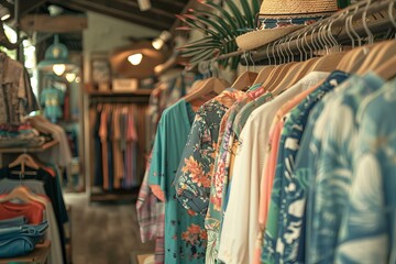 Wall Mural - Warm, inviting view inside a boutique showcasing a selection of colorful tropical shirts