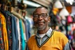 © anatolir - Content middleaged man with glasses smiles in a vibrant market aisle surrounded by clothes