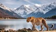 Leopard at the edge of a small lake is walking. Majestic snow-capped mountains stand out against the background of the image.