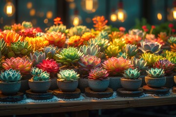 Wall Mural - Lamp-Lit Succulent Haven: A Thousand Pots on Display