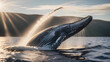 © Attaul - National Geographic award winning drone photograph of a humpback whale spraying and spouting water above the surface, Exciting movement, bright light, film grain, lens flare, bright morning sky, Kodac