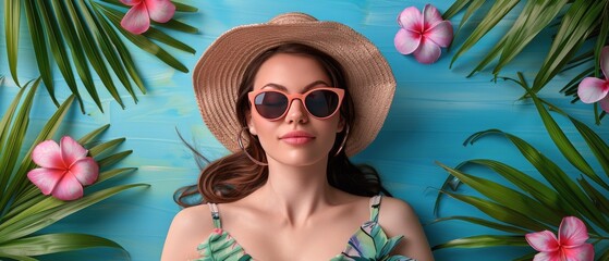 Wall Mural - Woman Wearing Hat and Sunglasses by Pool