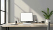 3D render of minimalist workspace with a blank computer mockup