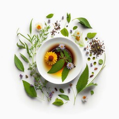 Wall Mural - Tea with herbs and flowers in a cup top view. Generative AI,