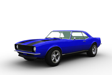 Poster - Retro American sports muscle car with blue and black paint work. Isolated 3D render.
