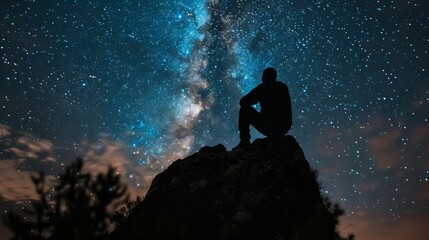 Wall Mural - A man is sitting on a rock under a starry sky