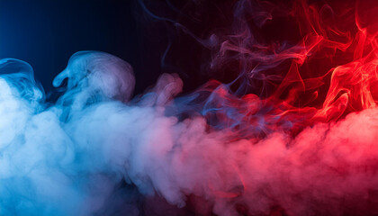 Poster - Thick blue red smoke on black background. Beautiful abstraction. Fluffy smoke cloud.