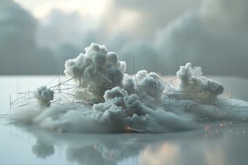 Poster - Abstract 3drendered landscape of clouds connected by a network grid, symbolizing digital cloud computing