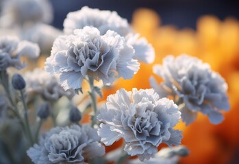 Blooming Dusty Miller flowers on a beautiful flower garden background with copy space