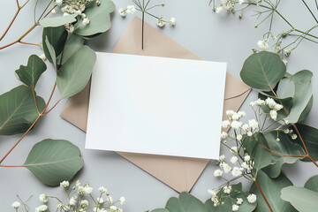 Photo of a blank white card mockup on top of an envelope, surrounded by eucalyptus leaves and baby's breath flowers against a grey background with natural lighting