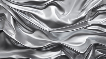 Silver texture of silk fabric with folds. Smooth, elegant gray silk. Satin texture as background. Wavy silk background texture