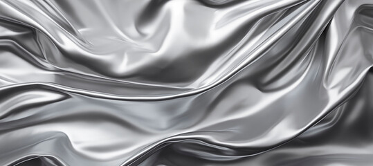 Silver texture of silk fabric with folds. Smooth, elegant gray silk. Satin texture as background. Wavy silk background texture