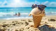 Ice cream with sunglasses and sun on the beach. Sunbathing. copy space. summer day