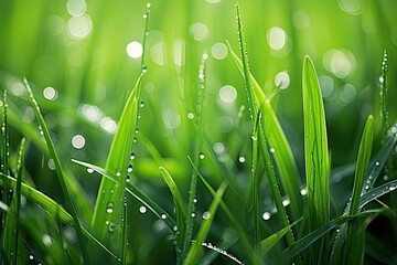 Wall Mural - Green wet grass in water drops after rain. Fresh summer plants in sunlight.