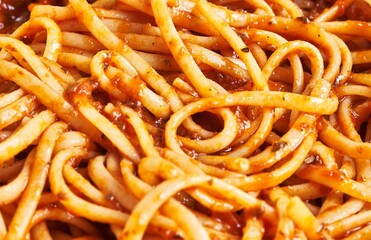 Wall Mural - Close-up image of spaghetti in tomato sauce representing italian cuisine and homemade cooking concept with no people in the frame.