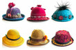 a collage of stylish women's church hats with feathers or flowers, multicolored, candy apple red and a yellow women's sun hat with no feathers