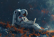 An astronaut sitting on the ground in space, working with a laptop in the style of digital art, high resolution artwork
