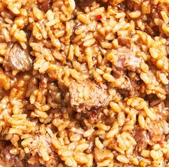 Wall Mural - Close-up image of a delicious beef risotto with savory sauce and cooked rice, perfect for culinary uses.