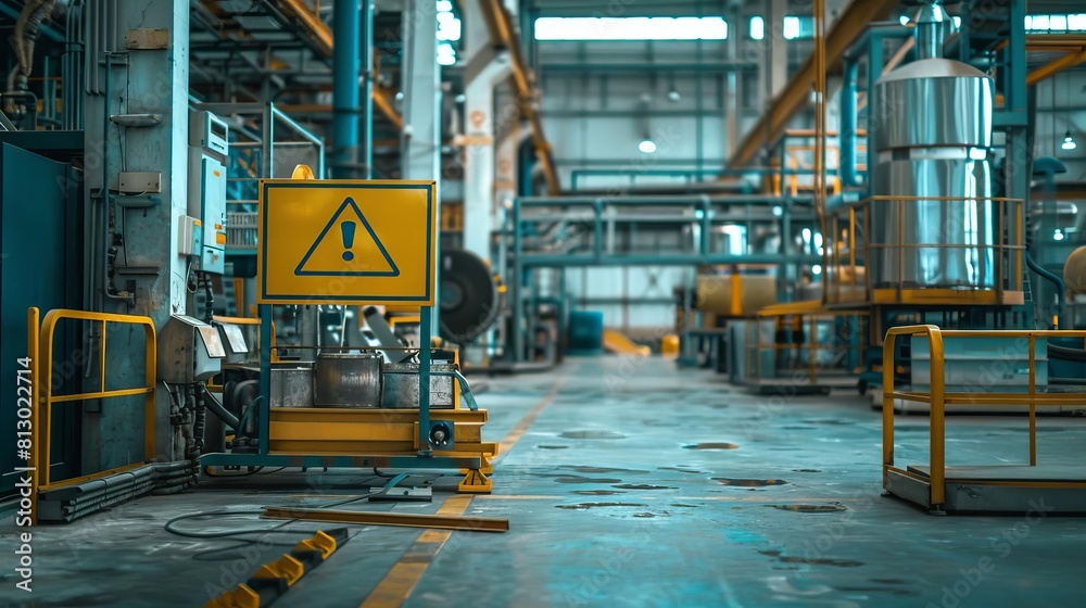 Factory Signs Defect Rework Area A factory setting with a blank warning sign visible, side view ...