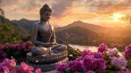 buddha statue is on a hill, calm and peaceful atmosphere, buddha background video