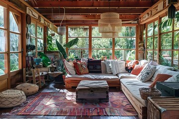 Canvas Print - Welcoming boho chic sunroom filled with plants, natural textures, and colorful accents