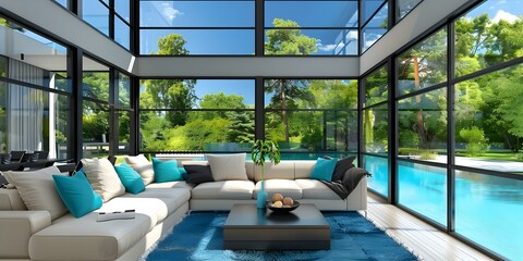 Wall Mural - Modern luxury living room with corner sofa big windows and pool view. Concept Luxury Living Room Design, Corner Sofa, Large Windows, Pool View