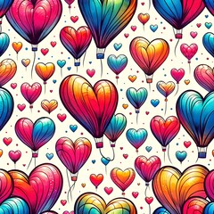 Wall Mural - hand drawn hearts in brush organized into air balloons in the sky, vivid color illustration