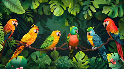 Flat Design Backdrop: Rainforest Canopy Birds Concept   Tropical Birds Perch High in the Rainforest Canopy, Their Vivid Colors a Stark Contrast Against the Green Leaves. Flat Illus