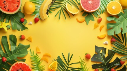 banner with tropical fruit paper on yellow background. summer day. copy space