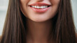 Dental care. Teeth repair. Orthodontics aesthetics. Unrecognizable happy brunette woman with crooked smile in oral health beauty prosthesis advertising.