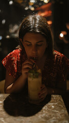 Wall Mural - Cheerful, beautiful hispanic woman enjoying a tropical cocktail drink in a lively nightclub, embodying the essence of fun-filled nightlife.