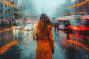 Poster - A woman in an orange coat observes a blurred city scene through rain-streaked glass, evoking urban loneliness