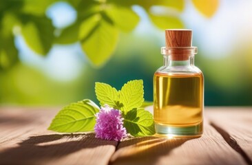 Wall Mural - a small transparent glass bottle of patchouli oil on a wooden table, a sprig of fresh purple flowers, eco-friendly medicinal solution, natural green background, sunny day