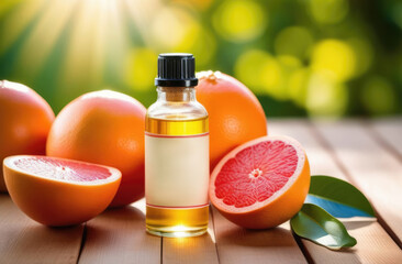 Wall Mural - small transparent glass bottle of grapefruit oil on a wooden table, ripe grapefruits, eco-friendly medicinal solution, natural green background, sunny day