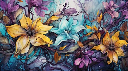 Wall Mural - purple yellow woodland flower, richly detailed backgrounds,mystical landscape