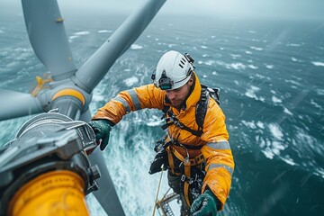 a technician in a safety harness is repairing an offshore wind turbine, with ocean waves below him