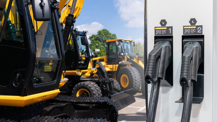 Poster - Electric construction machines with charging station. Concept