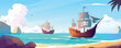 Pirate ships in sea bay background banner in cartoon design. Tropical sand beach landscape with stones, palm trees, ocean coastline and corsair sailboats with skull sail. Vector cartoon illustration